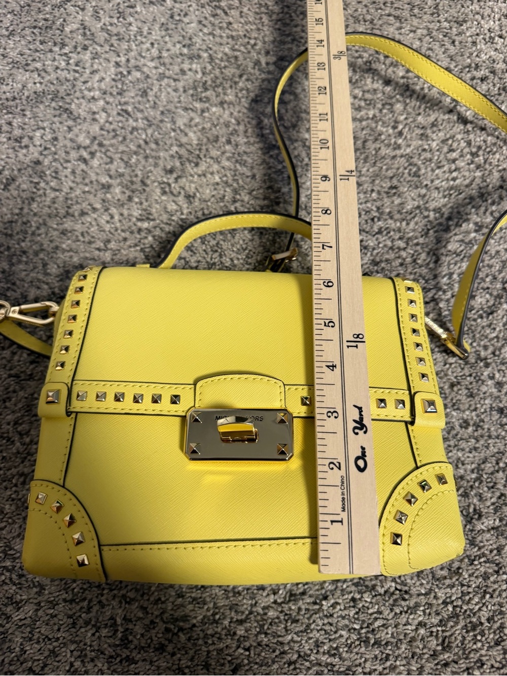 Michael Kors Yellow Studded Leather Satchel with Card Case - Picture 13 of 15